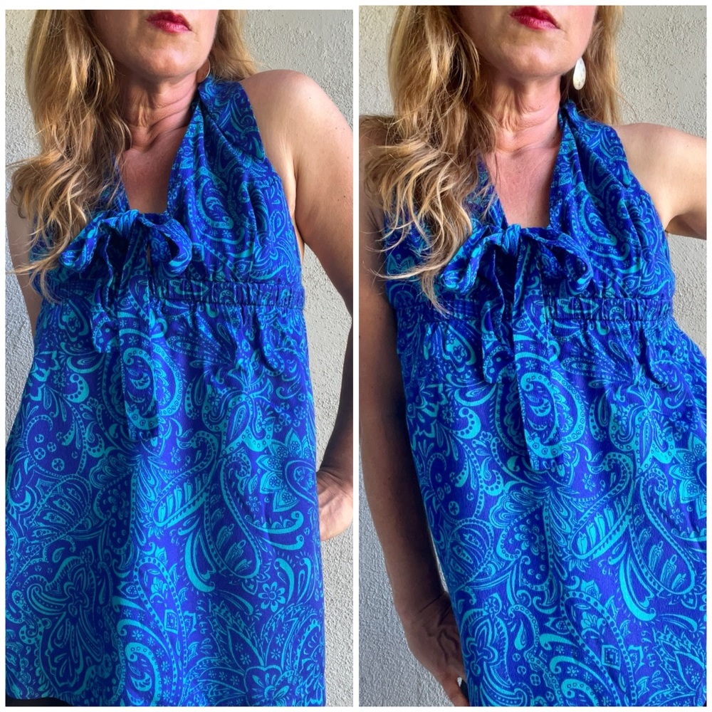 Vintage 80s Michiko Long Beach Teal Blue Paisley Cotton Halter Top Sz S